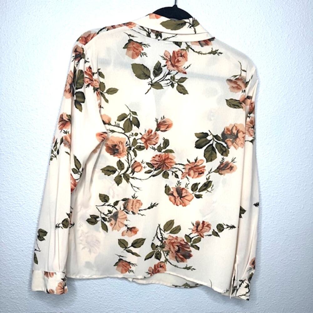 Le Caviar Sheer Floral Blouse M Beige Fall Cottagecore Button Front - Picture 7 of 14